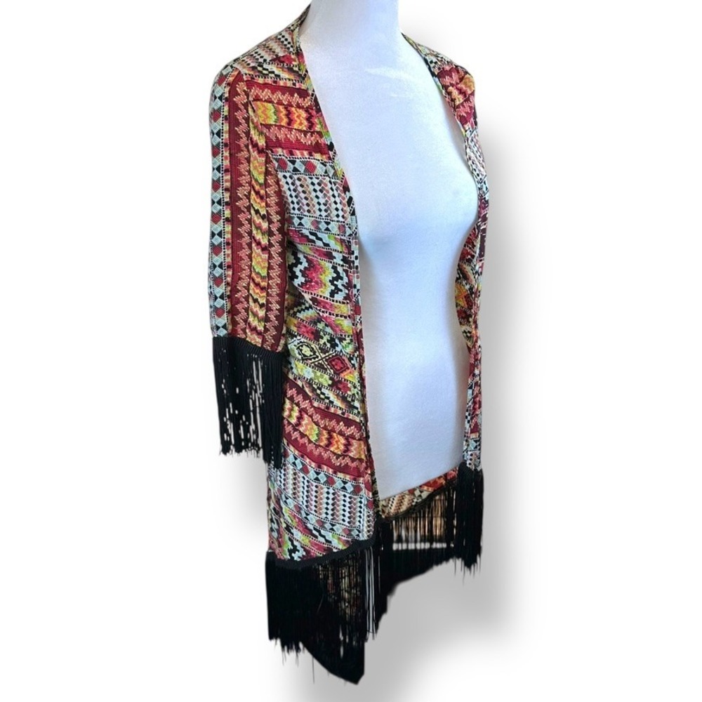 LOVE TEASE Tribal Fringe Boho Print Long Kimono Duster Black XS